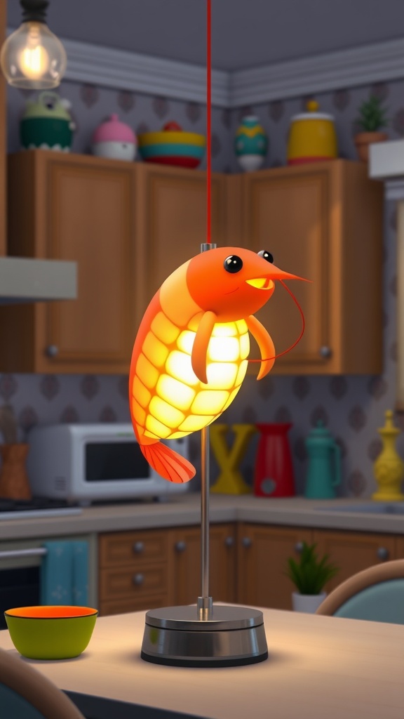 A whimsical shrimp light illuminating a Sims 4 kitchen, adding character and charm to the space.